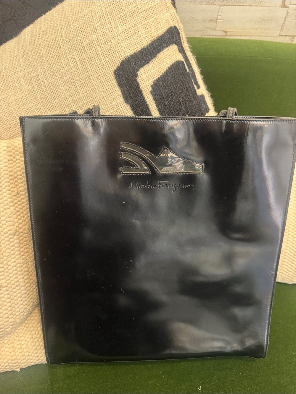 Salvatore Ferragamo Black Patent Leather Messenger Bag